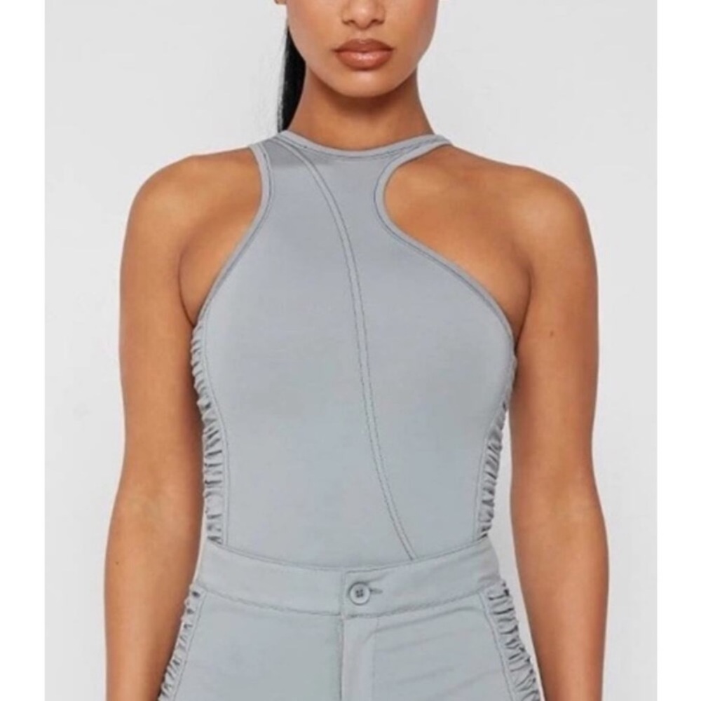 Maniere De Voir Asymmetric Ruched Grey Bodysuit size 6